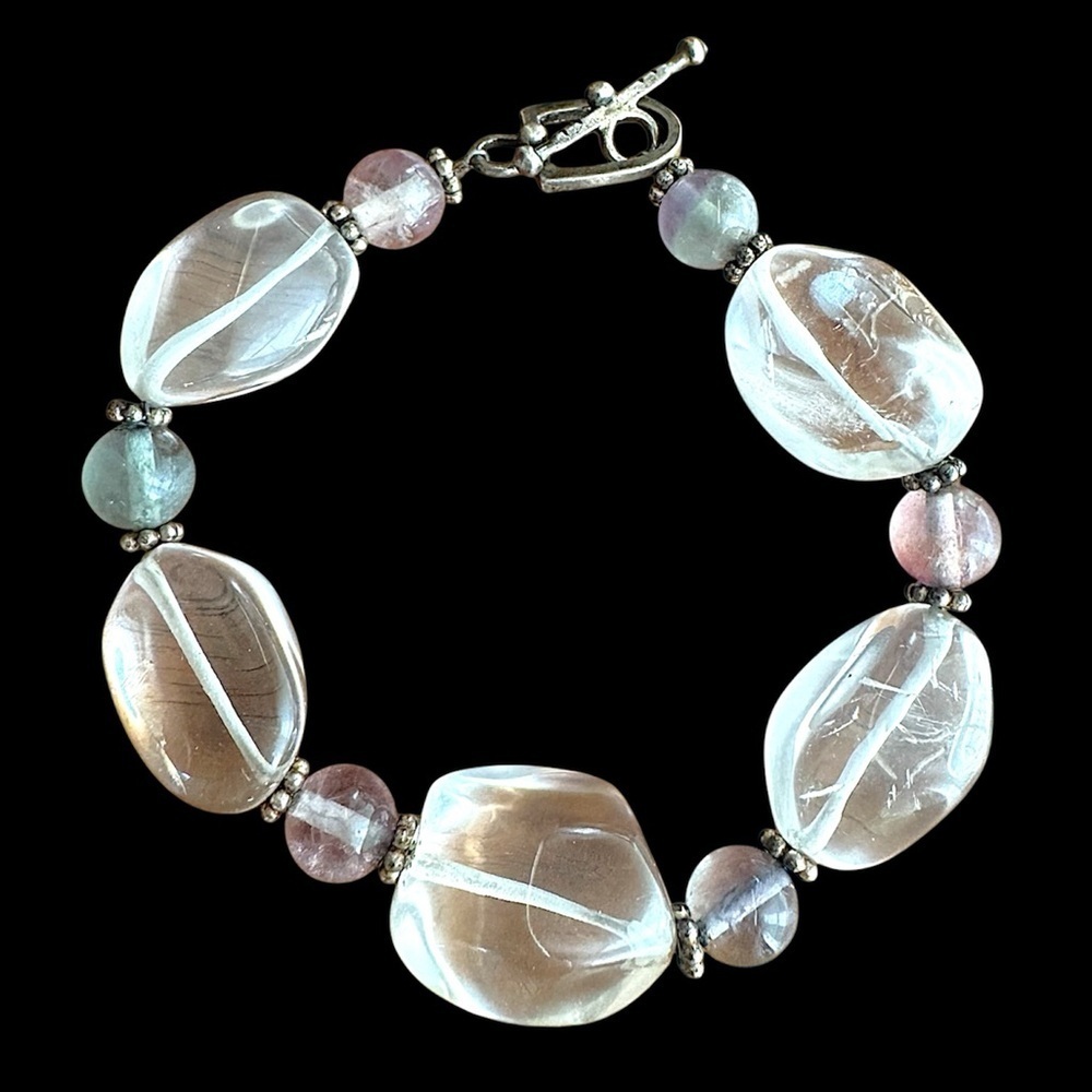 Vintage Rock Crystal Pink & Green Tourmaline Sterling Silver Bracelet